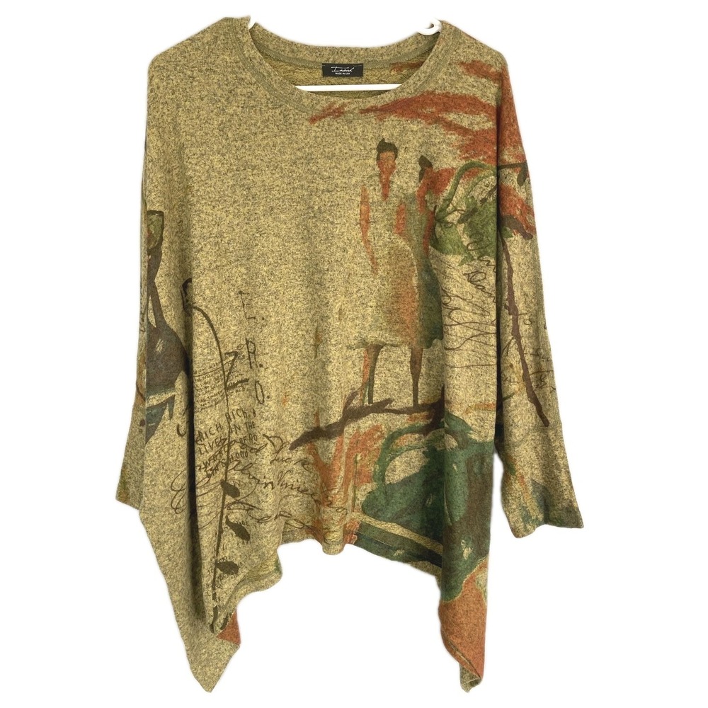 Inoah Tunic Top Women One Size Green Abstract Asym Hem 3/4 Dolman Sleeve USA